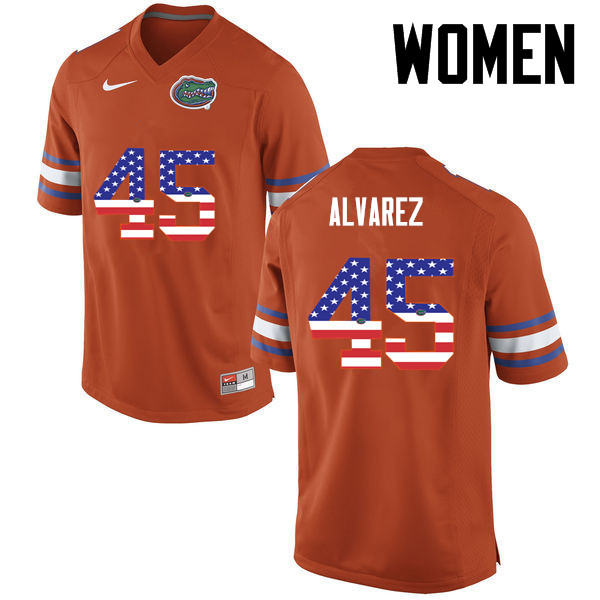 Women Florida Gators #45 Carlos Alvarez College Football USA Flag Fashion Jerseys-Orange - Click Image to Close